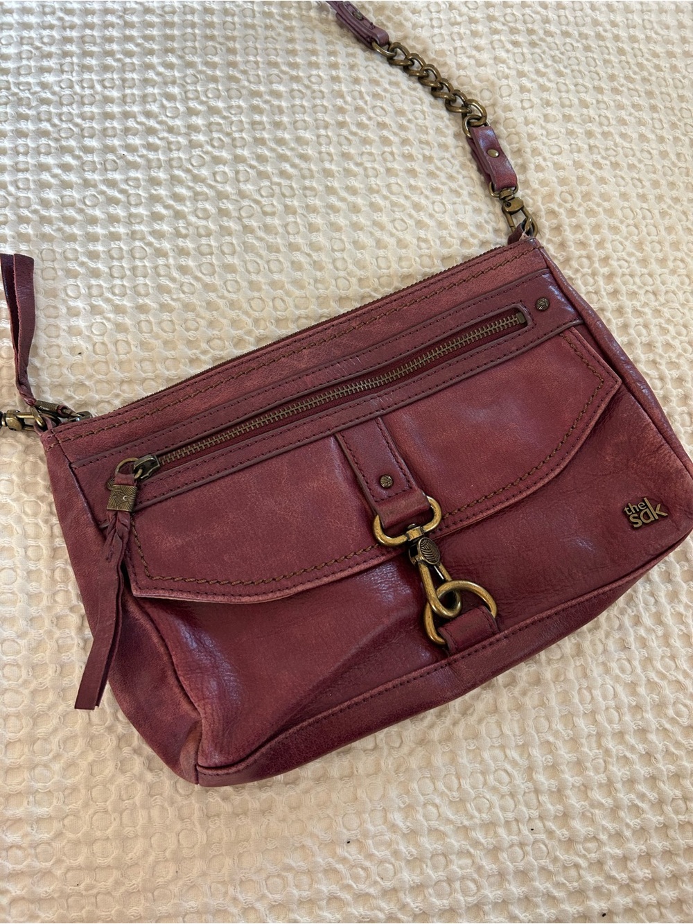 The Sak Burgundy Leather Crossbody Bag with Antique Brass Hardware